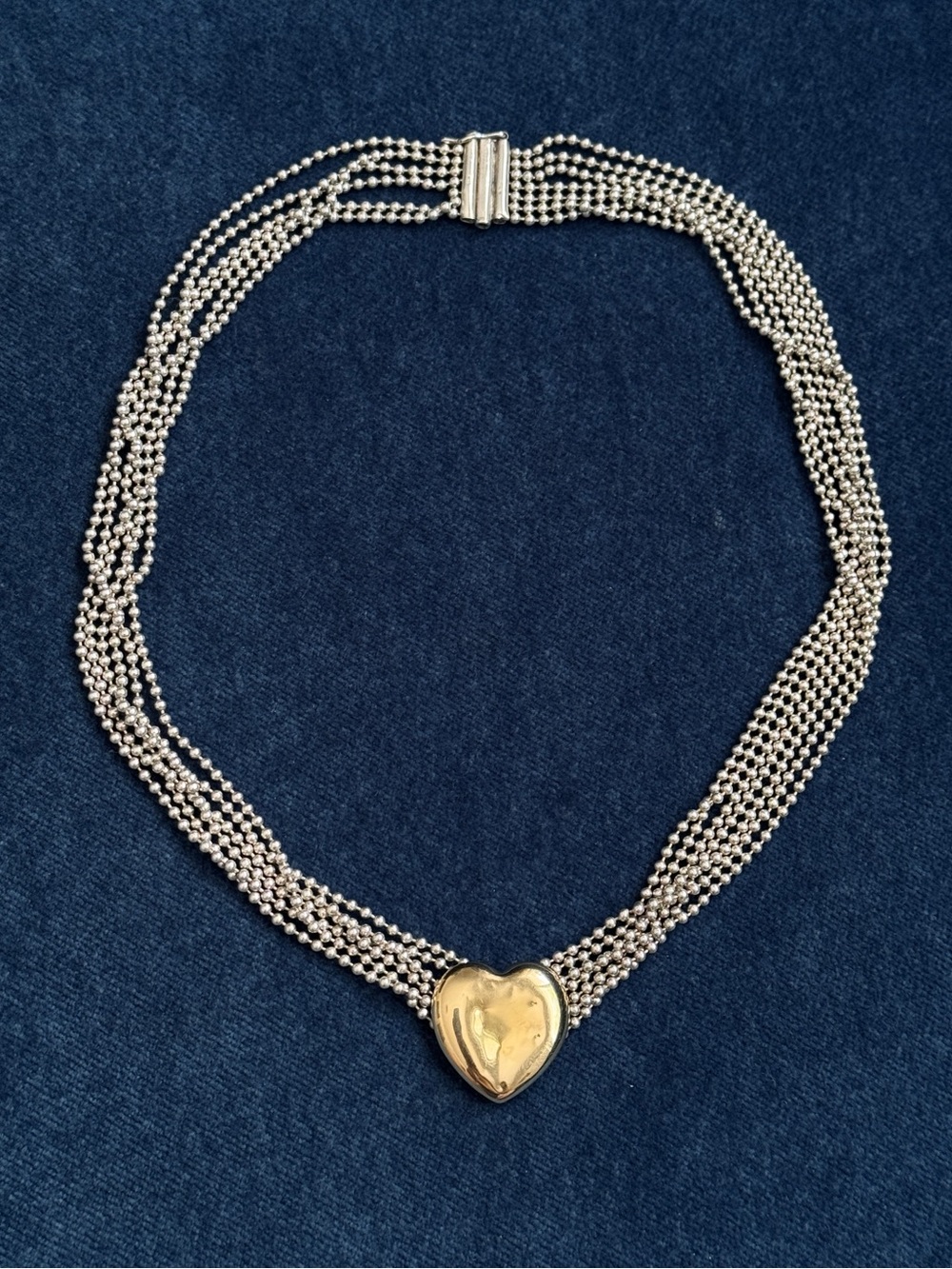 Vintage 925 Sterling silver 18k accent Multi strand beaded Heart Necklace